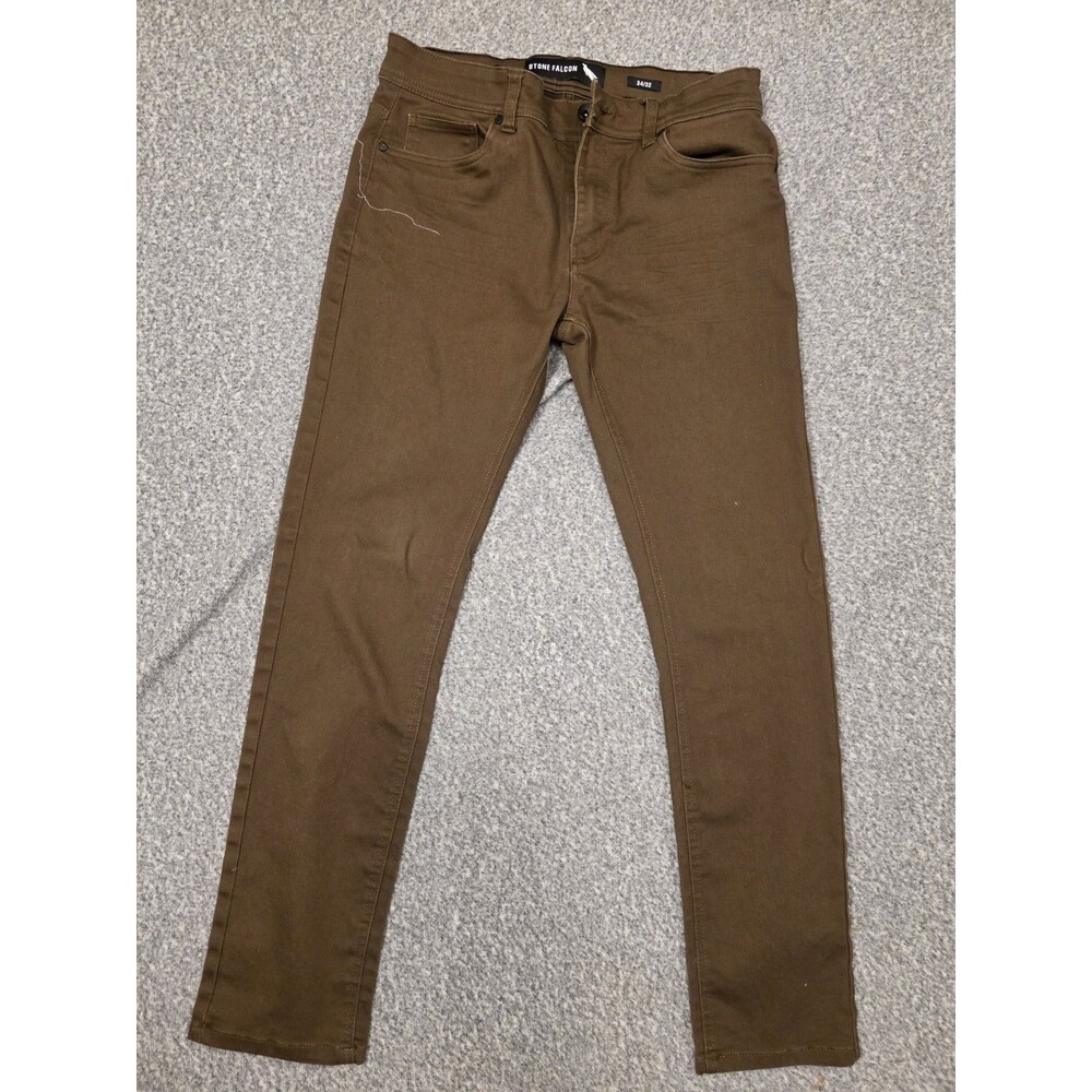 Stone Falcon Slim Fit Brown Denim Straight Jeans 5-Pocket Button Zip Men's